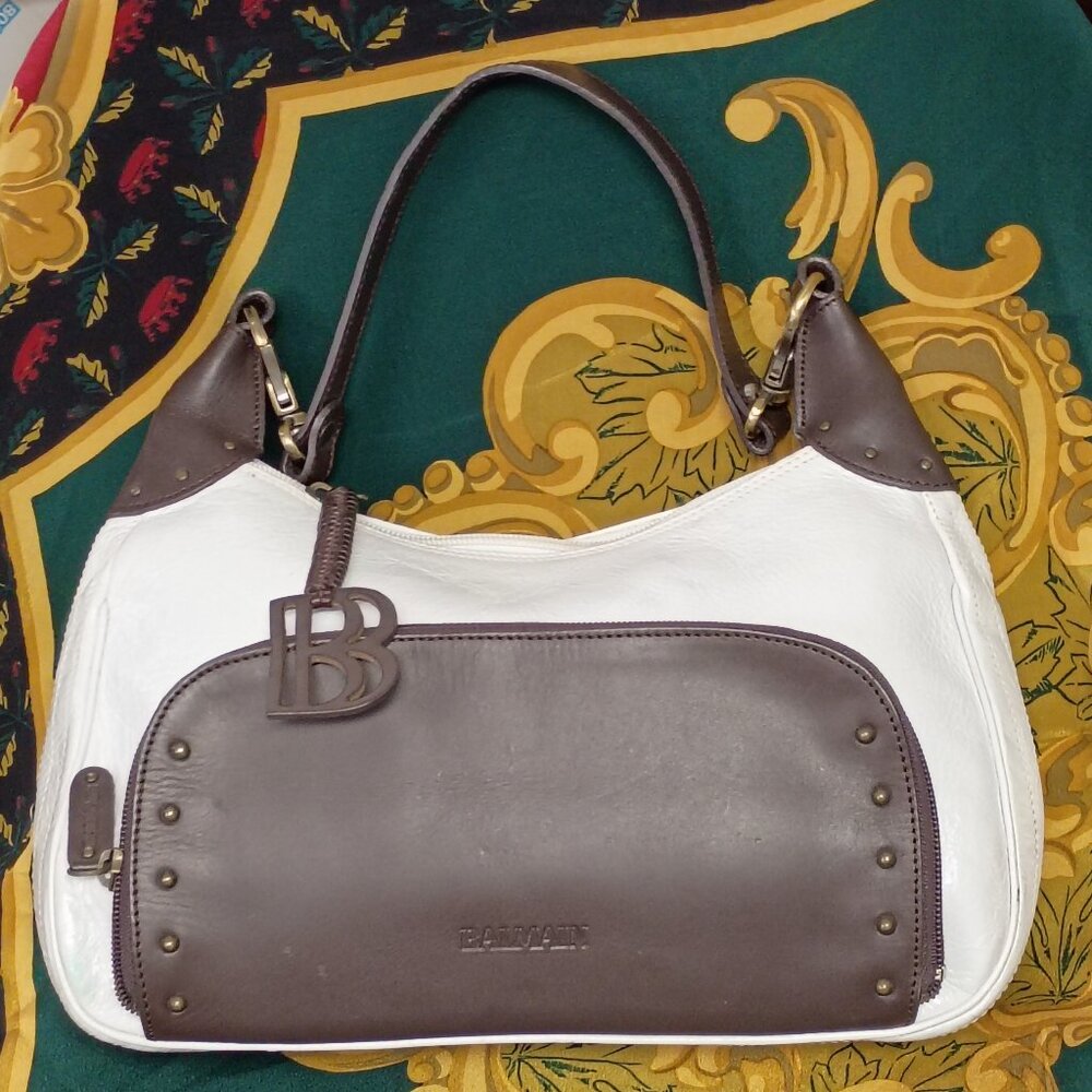 ❤️BALMAIN White / Brown Leather Hobo Bag Purse +B Logo Hangtag
